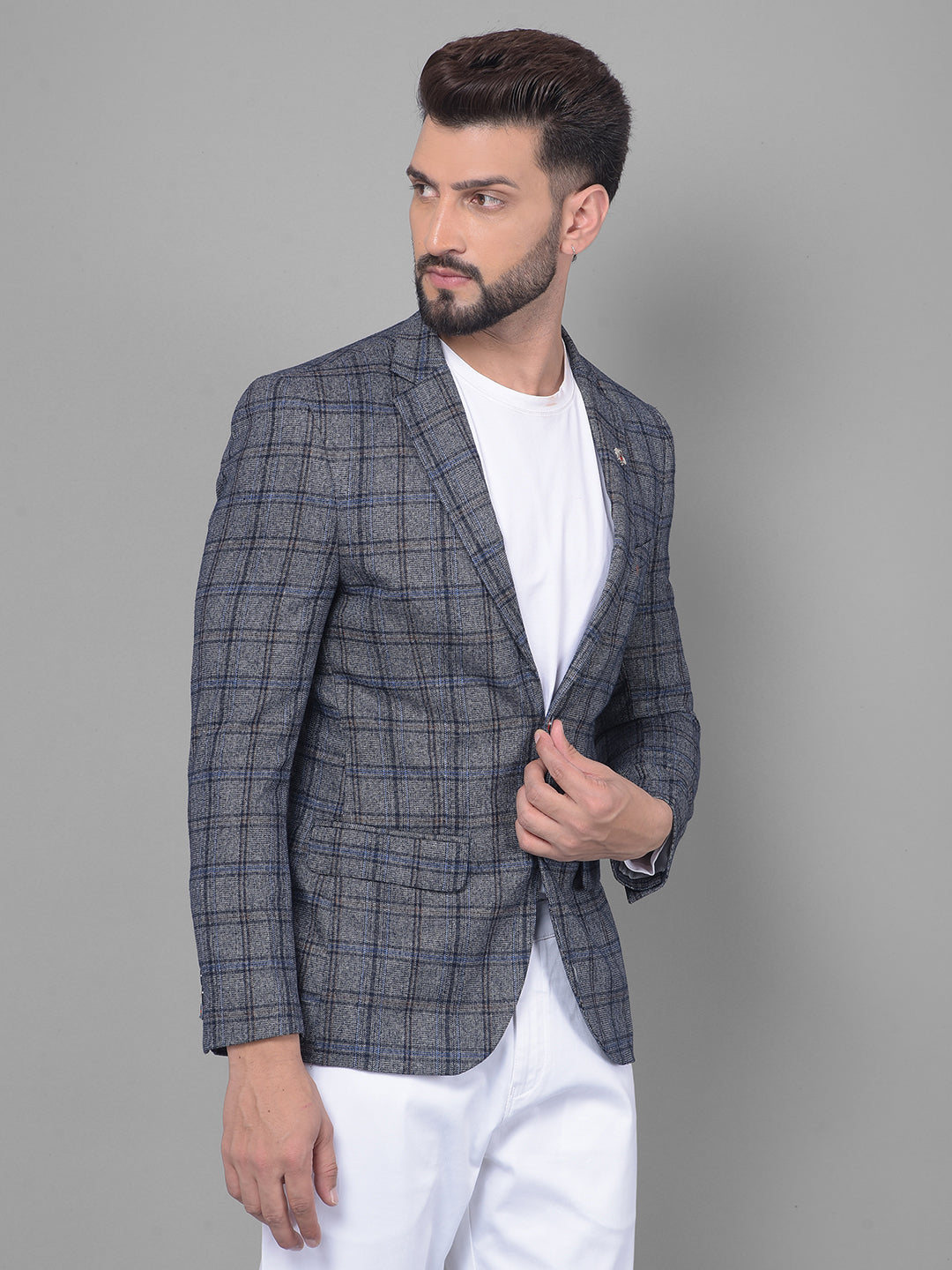 Grey Checked Blazer-Men Blazers-Crimsoune Club