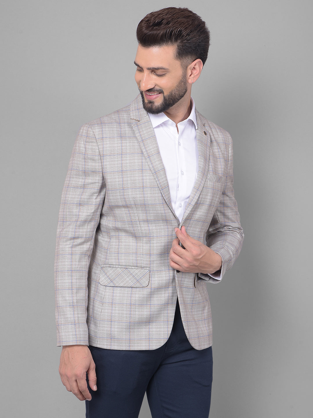 Beige Checked Blazer-Men Blazers-Crimsoune Club