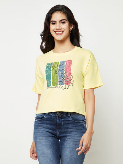 Yellow Printed Round Neck T-shirt-Women T-Shirts-Crimsoune Club