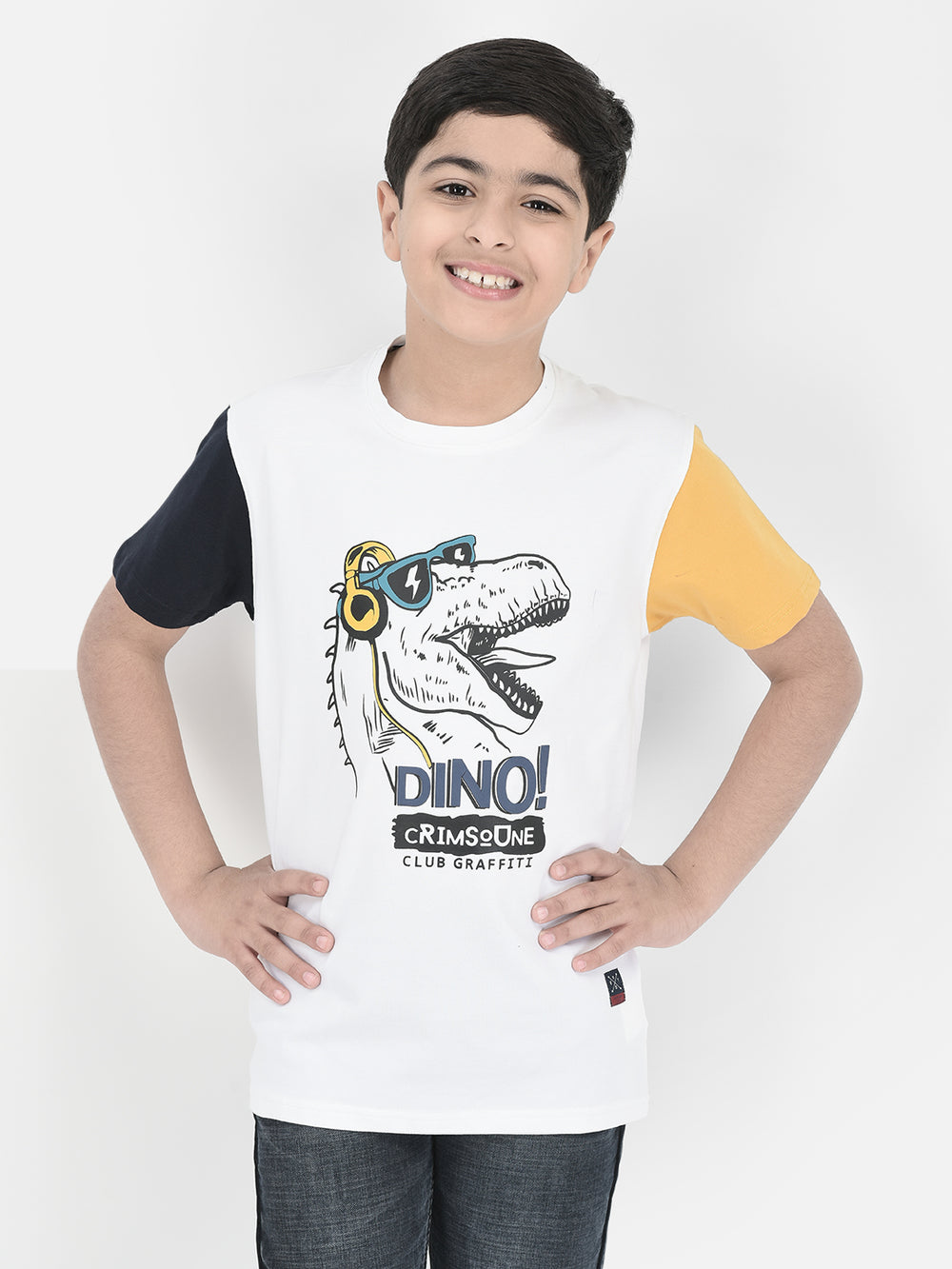 White Printed Round Neck T-shirt-Boys T-Shirts-Crimsoune Club