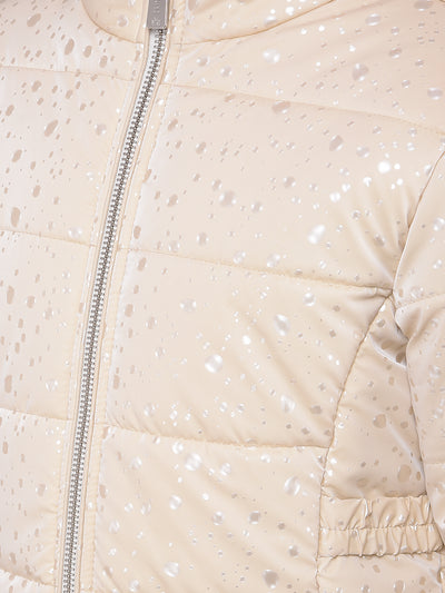 Cream Printed Puffer Jacket With Hood-Girls Jackets-Crimsoune Club