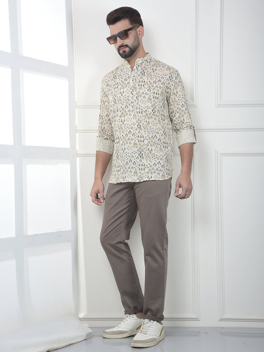 Beige Floral Printed Linen Kurta-Men Kurtas-Crimsoune Club