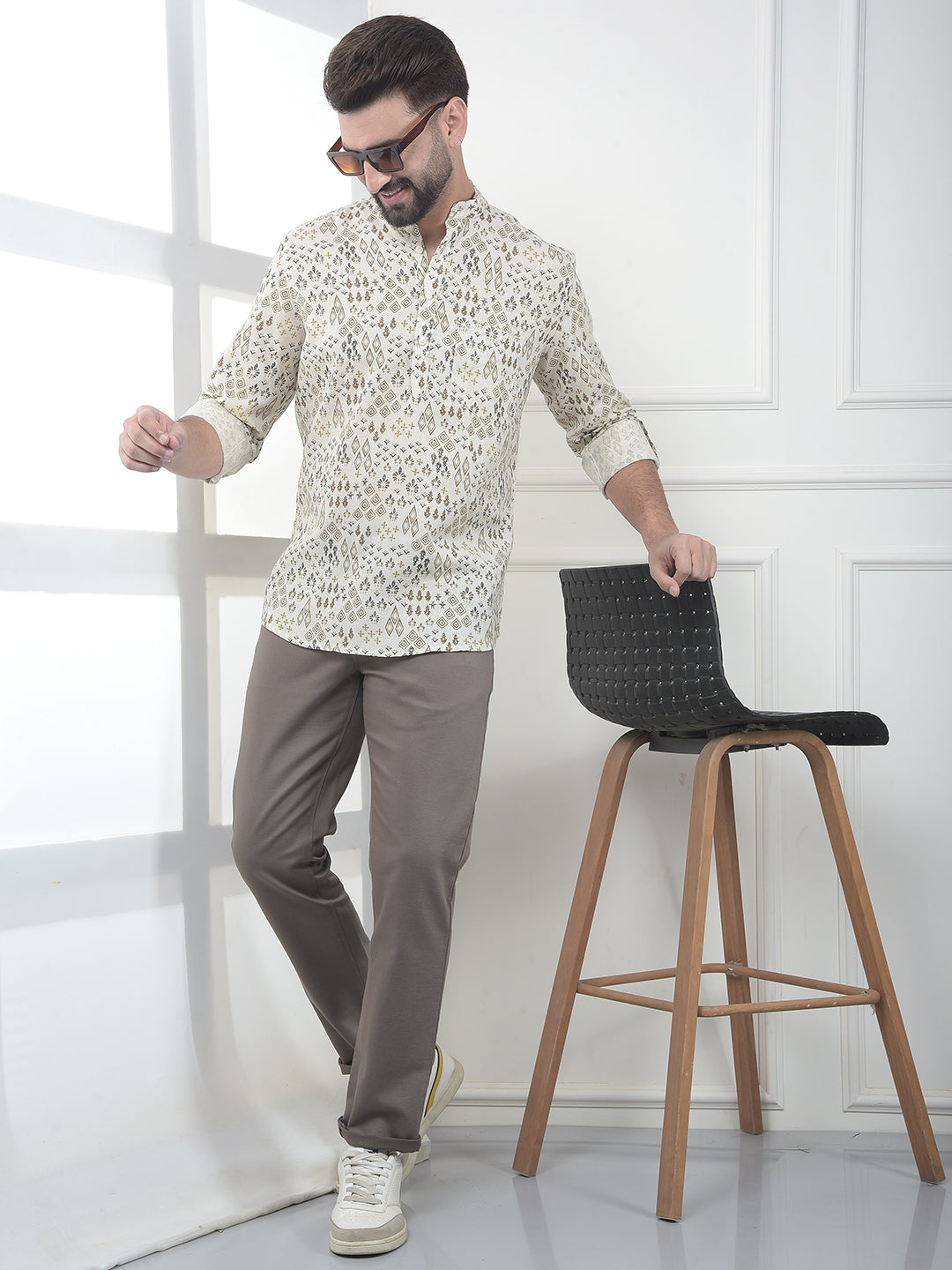 Beige Floral Printed Linen Kurta-Men Kurtas-Crimsoune Club