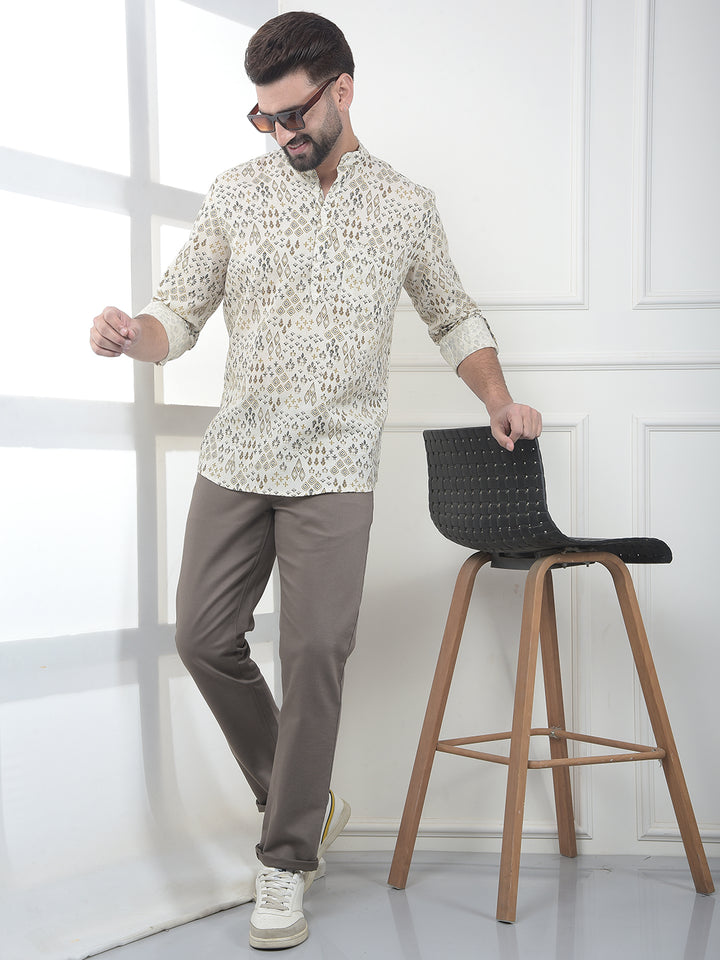Beige Floral Printed Linen Kurta-Men Kurtas-Crimsoune Club