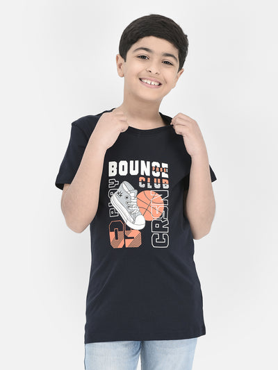 Navy Blue Printed Round Neck T-shirt-Boys T-Shirts-Crimsoune Club