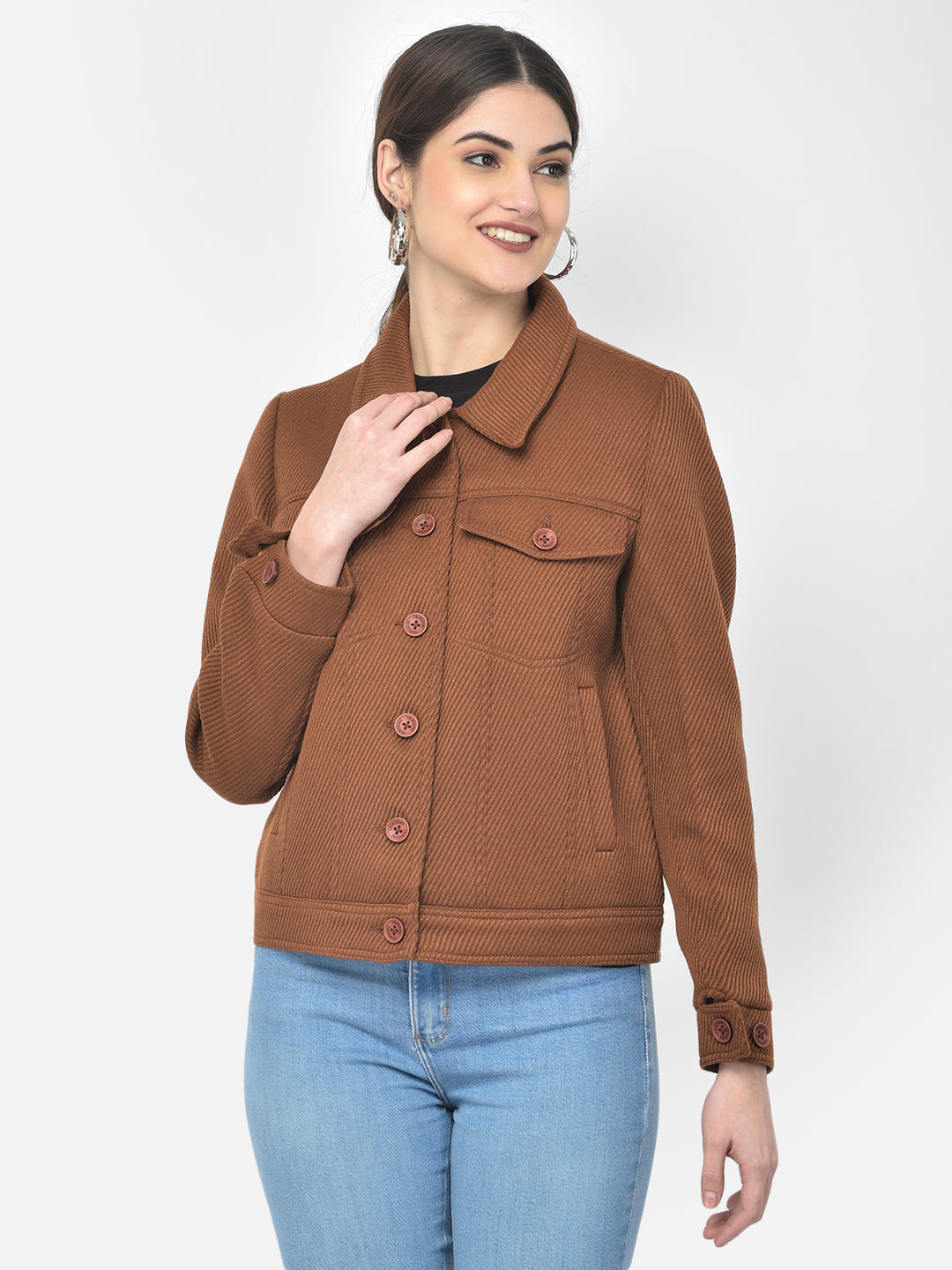 Brown Textured Short Coat-Women Blazers-Crimsoune Club