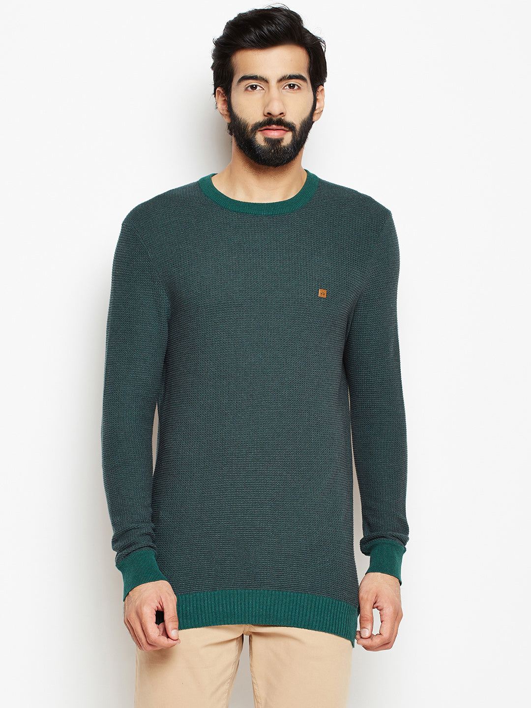 Green Solid Round Neck Sweater-Mens Sweaters-Crimsoune Club