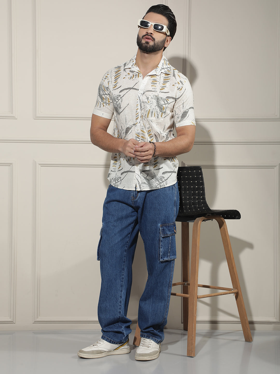 Grey Floral Print Linen Shirt-Men Shirts-Crimsoune Club