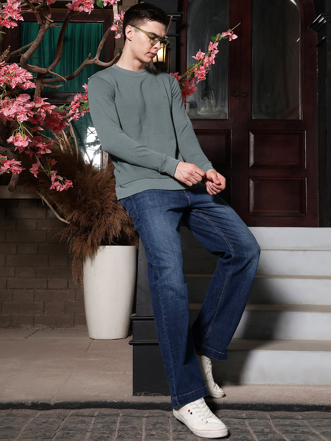 Relaxed Moss Green Jacquard Sweatshirt-Men Sweatshirts-Crimsoune Club