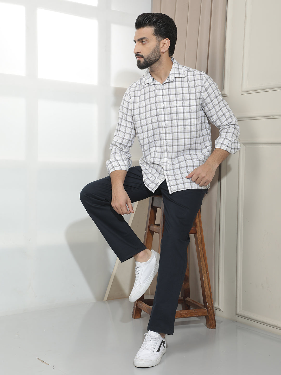 Grey Linen Checked Shirt-Men Shirts-Crimsoune Club
