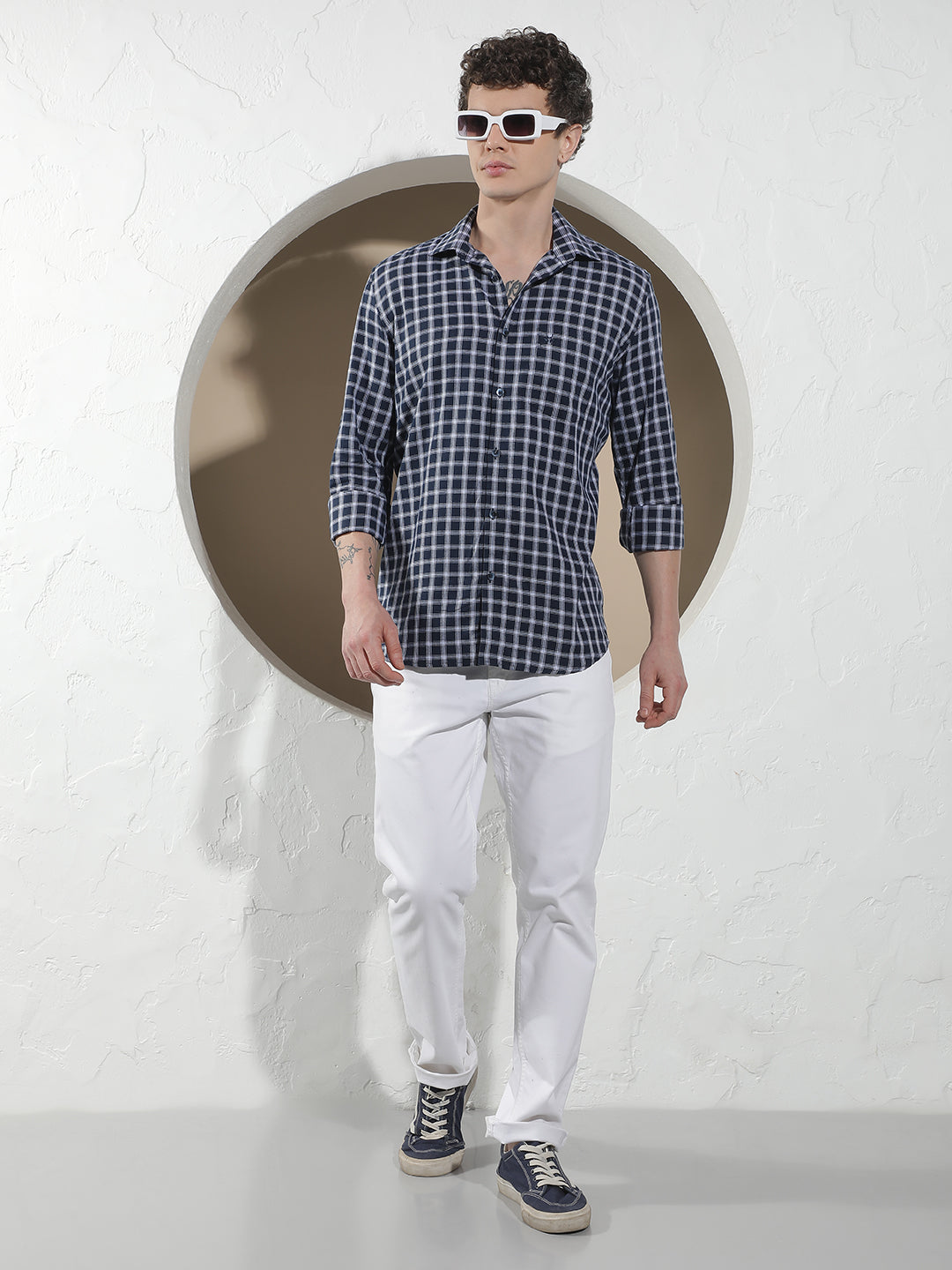 Navy Blue Checked 100% Cotton Shirt-Men Shirts-Crimsoune Club