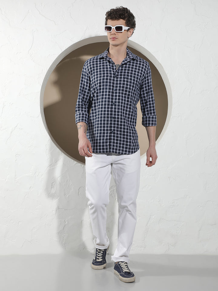 Navy Blue Checked 100% Cotton Shirt-Men Shirts-Crimsoune Club