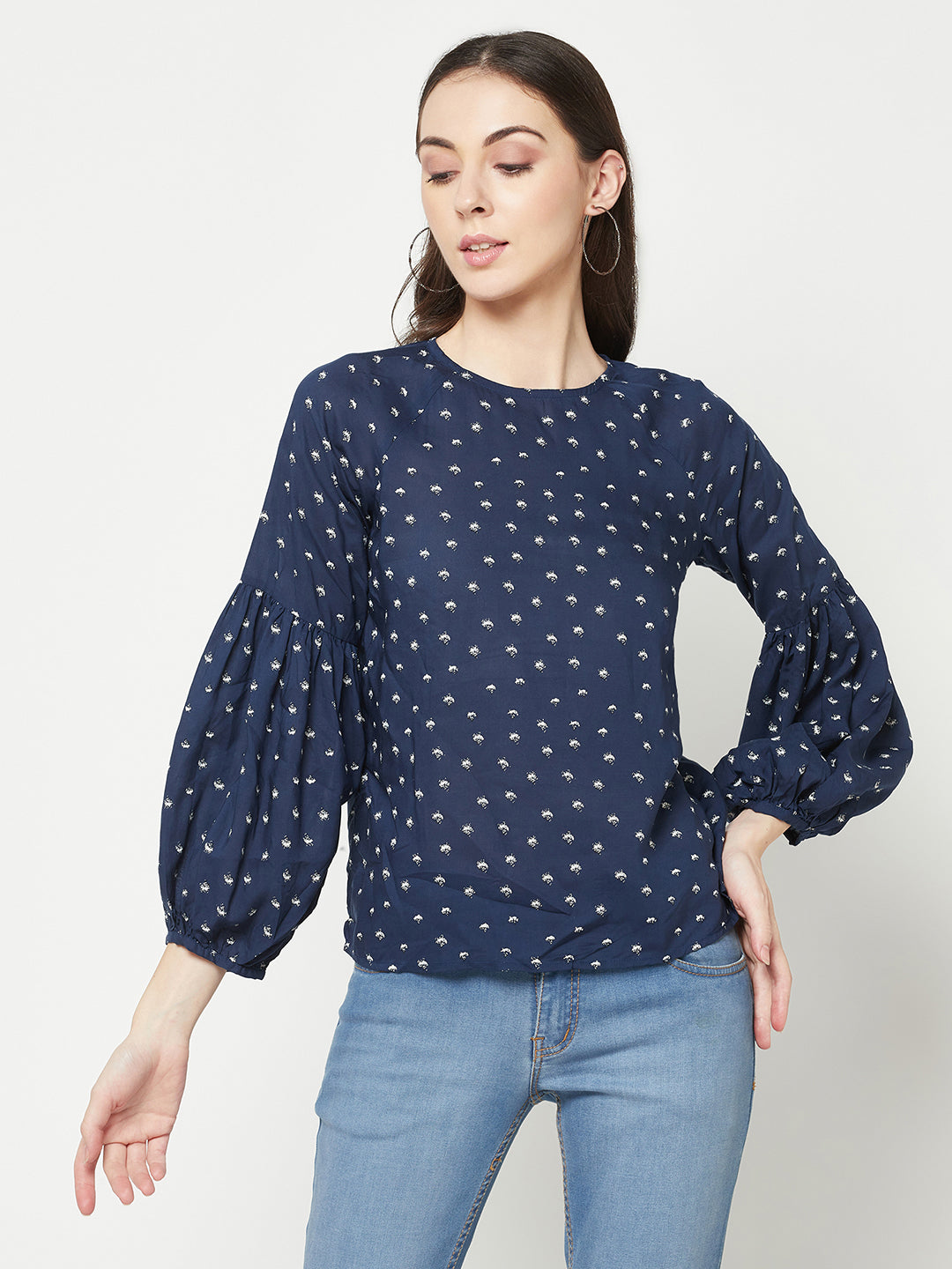 Navy Blue Printed Top-Women Tops-Crimsoune Club