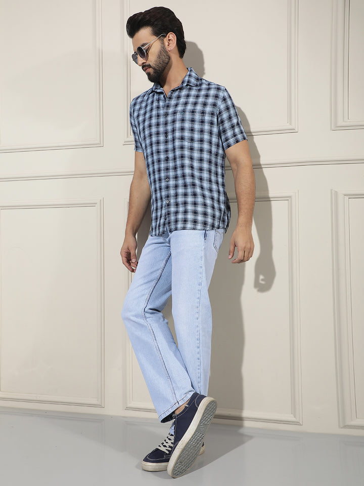 Blue Checked 100% Cotton Shirt-Men Shirts-Crimsoune Club