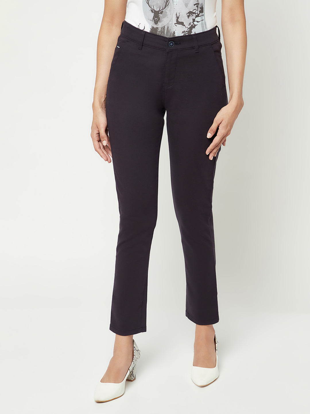 Navy Blue Slim Cotton Trousers-Women Trousers-Crimsoune Club