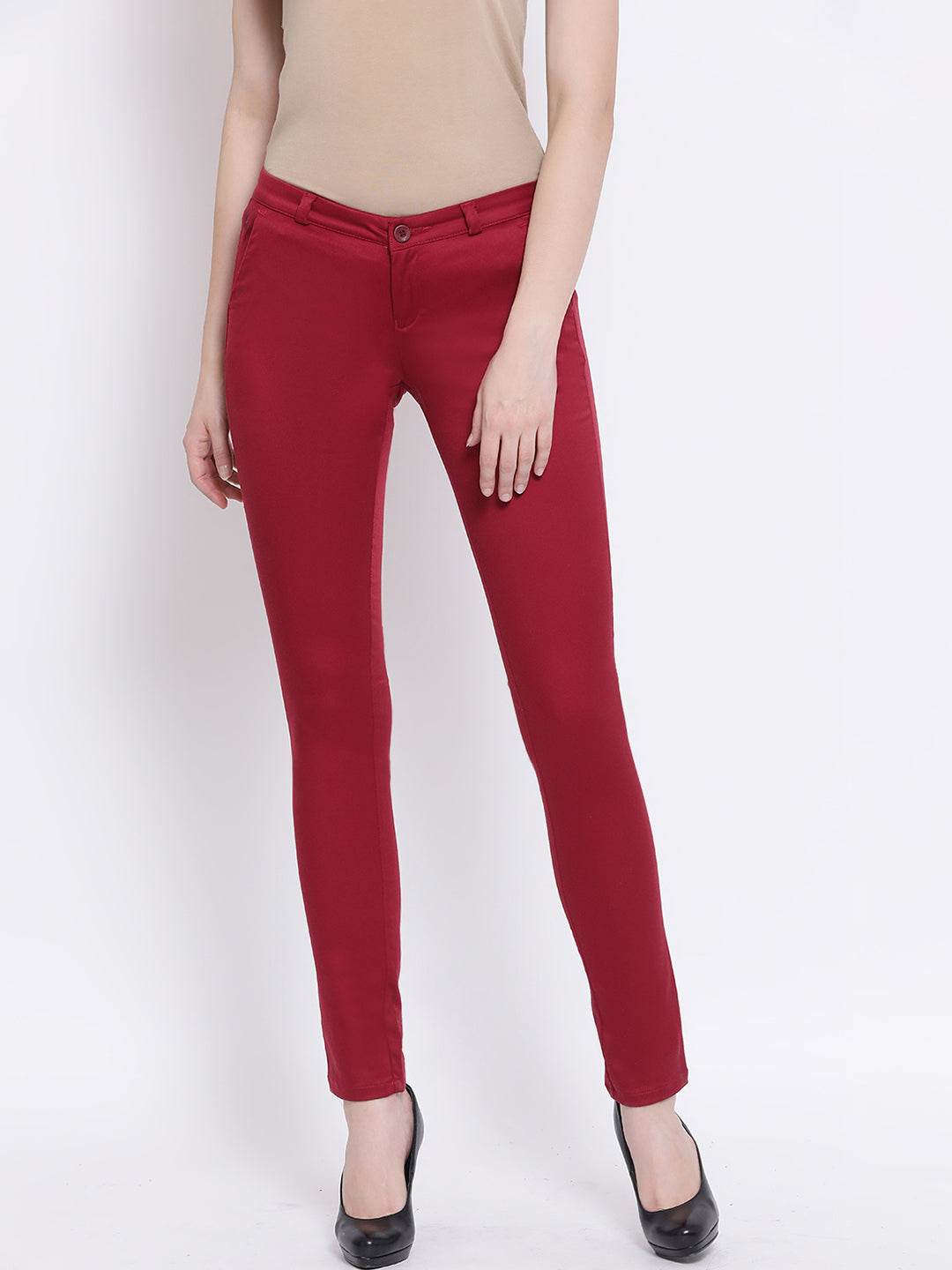 Red Solid Trouser-Women Trousers-Crimsoune Club