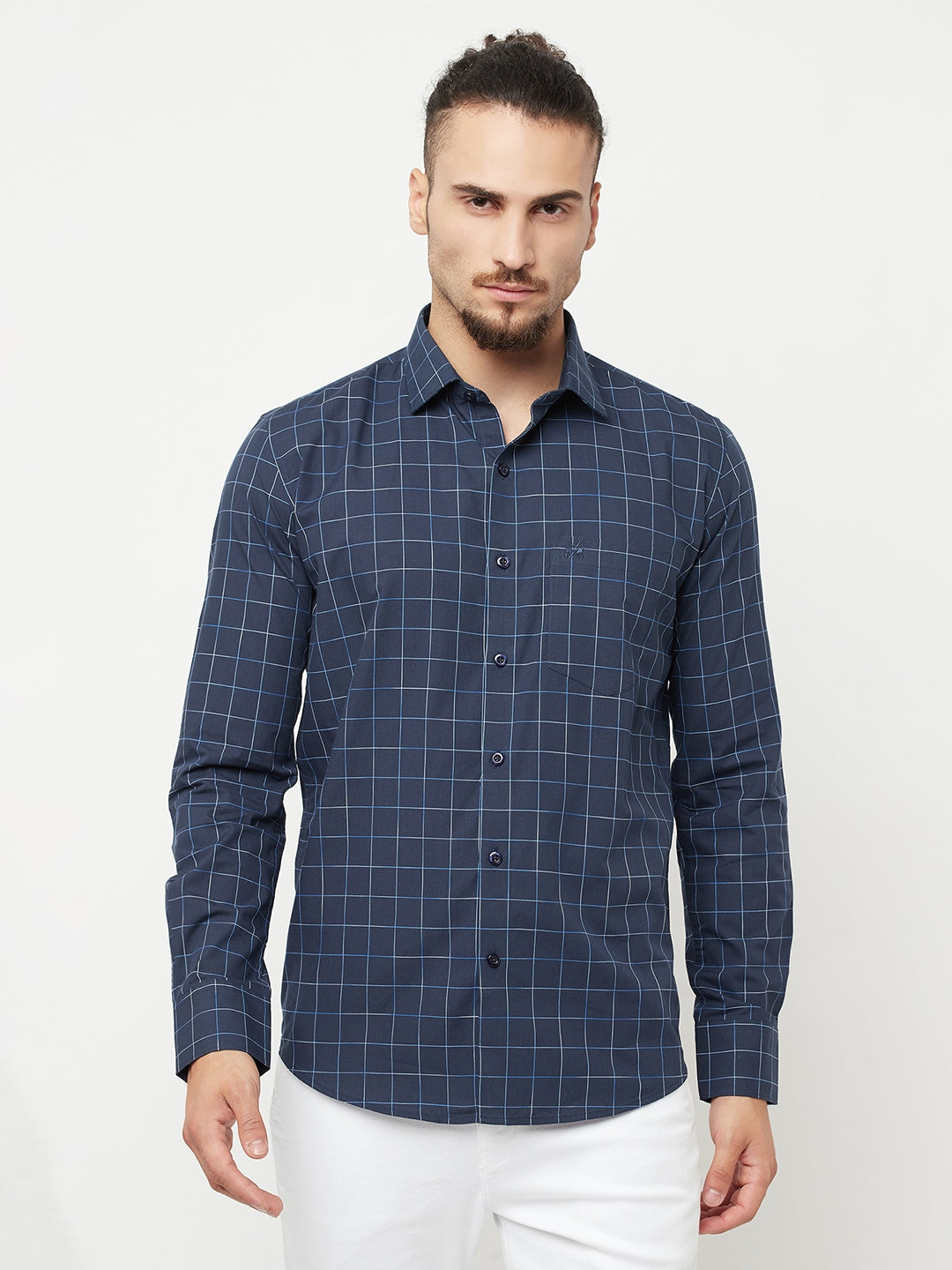 Navy Blue Checked Casual Shirt-Men Shirts-Crimsoune Club