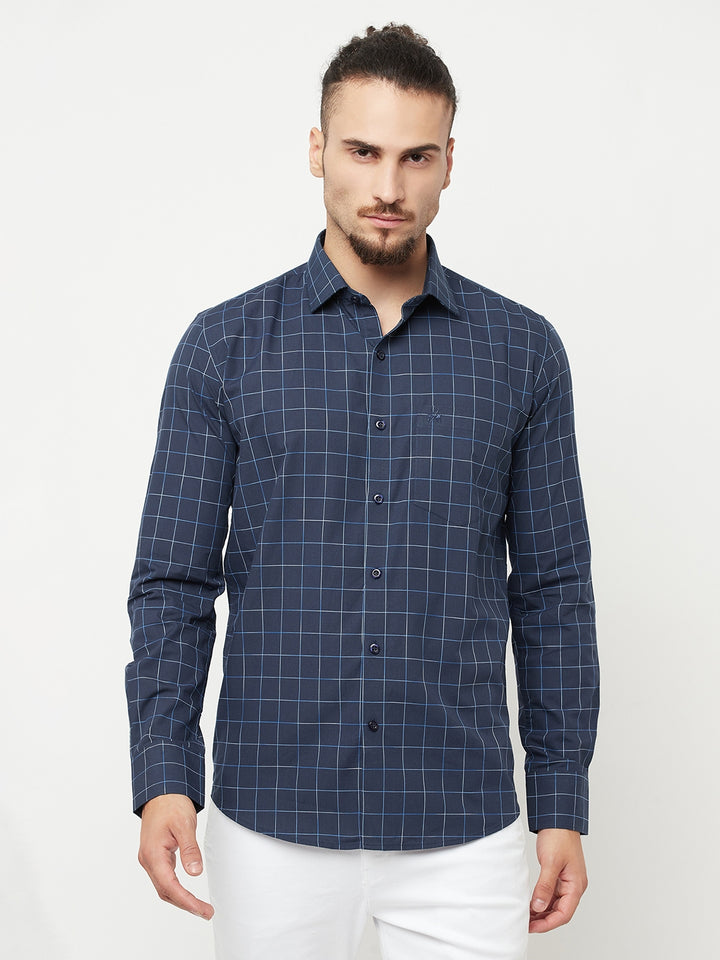 Navy Blue Checked Casual Shirt-Men Shirts-Crimsoune Club