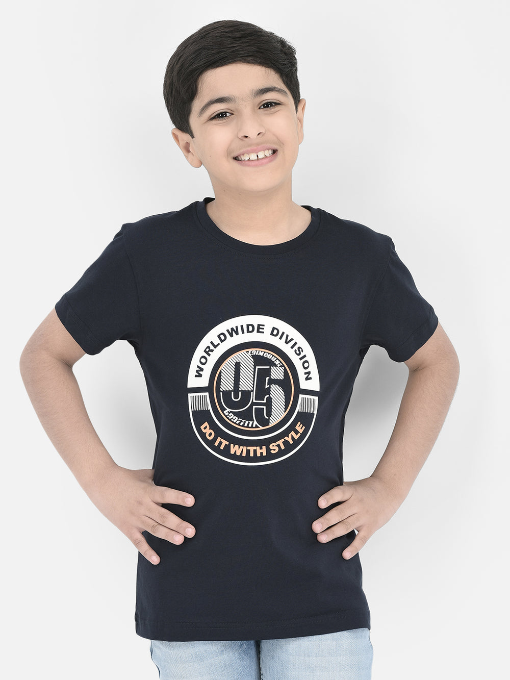 Navy Blue Printed Round Neck T-shirt-Boys T-Shirts-Crimsoune Club