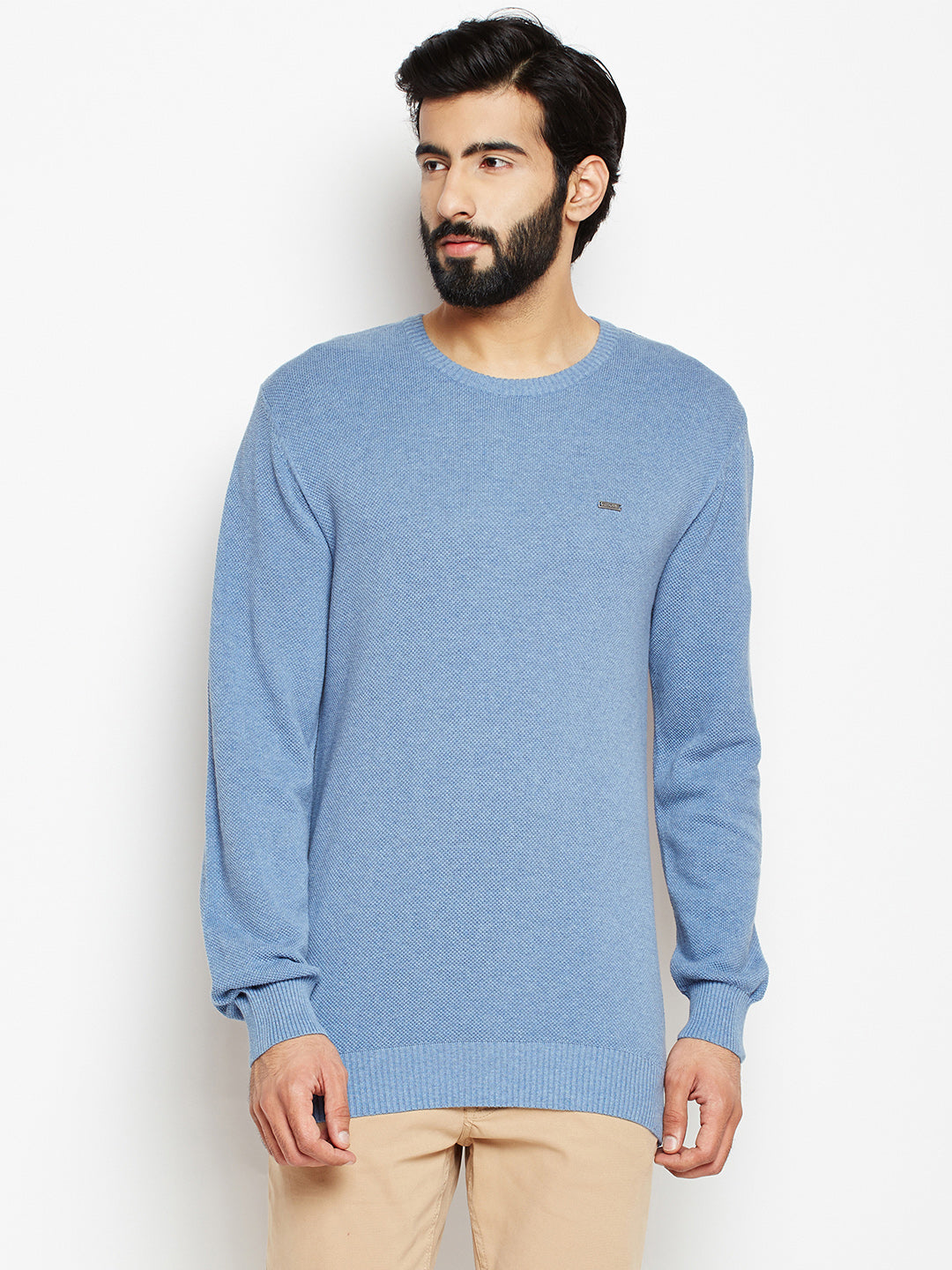 Blue Solid Round Neck Sweater-Mens Sweaters-Crimsoune Club