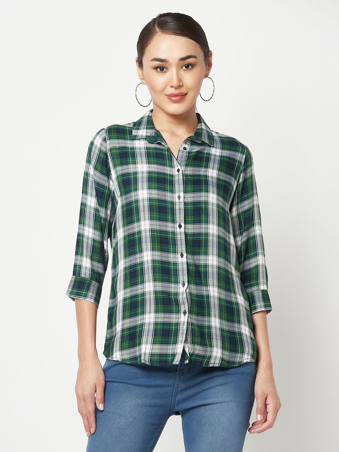 Green Checked Shirt-Women Shirts-Crimsoune Club