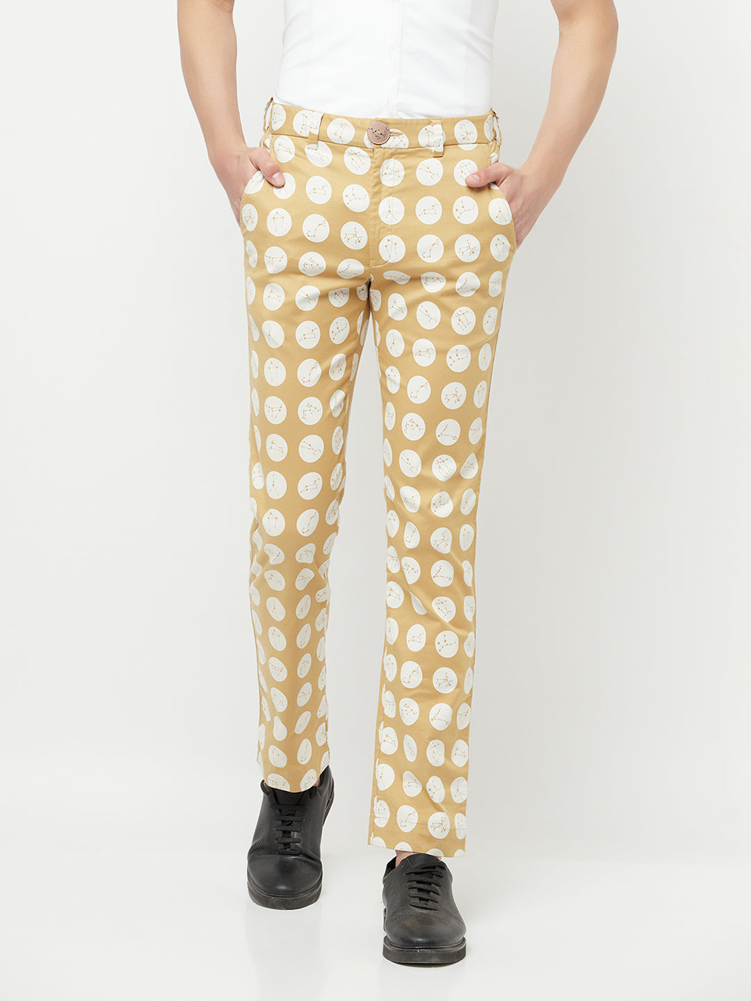 Beige Polka Printed Cotton Slim-Fit Trousers-Men Trousers-Crimsoune Club