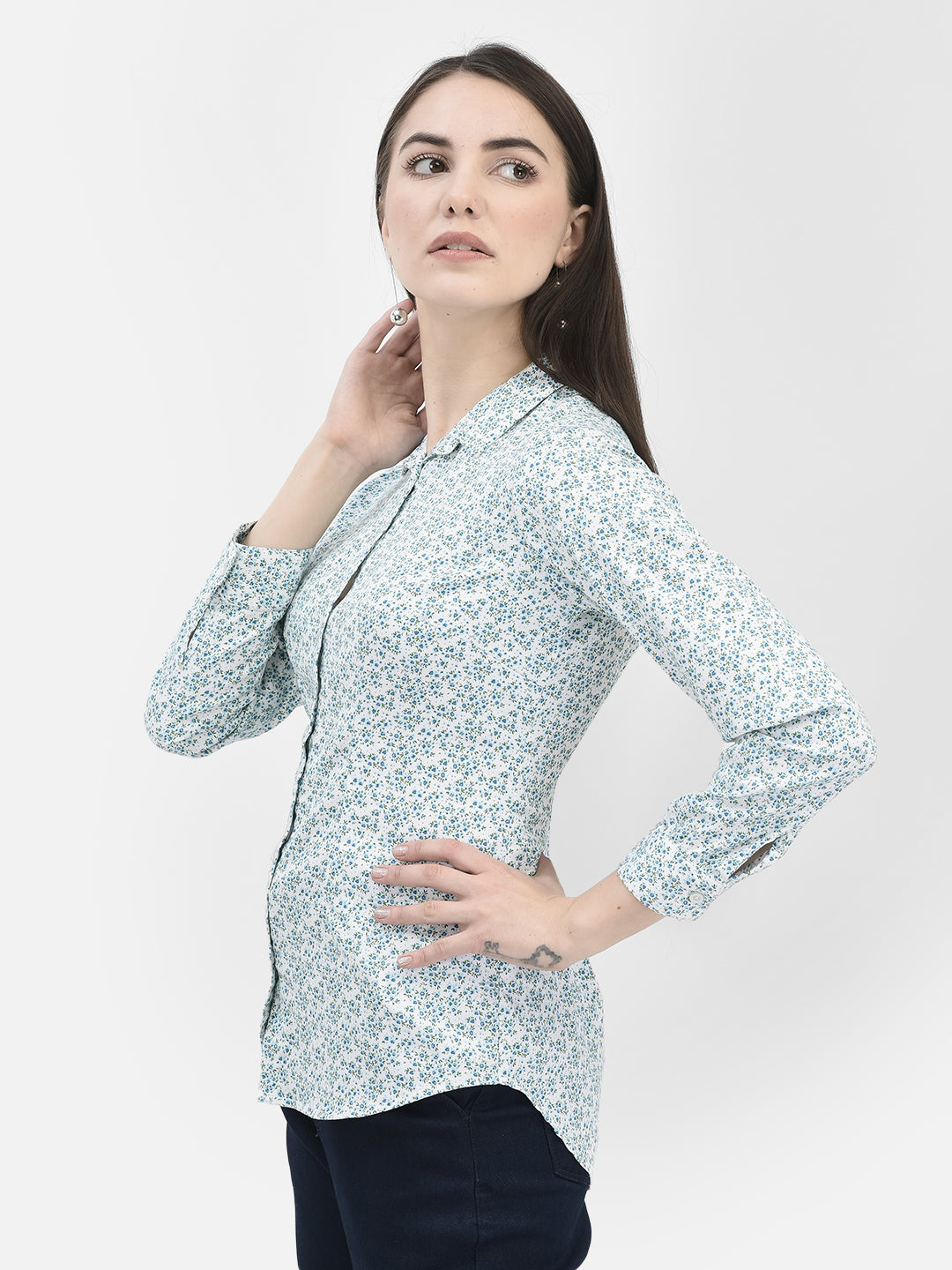 Blue Floral Shirt-Women Shirts-Crimsoune Club