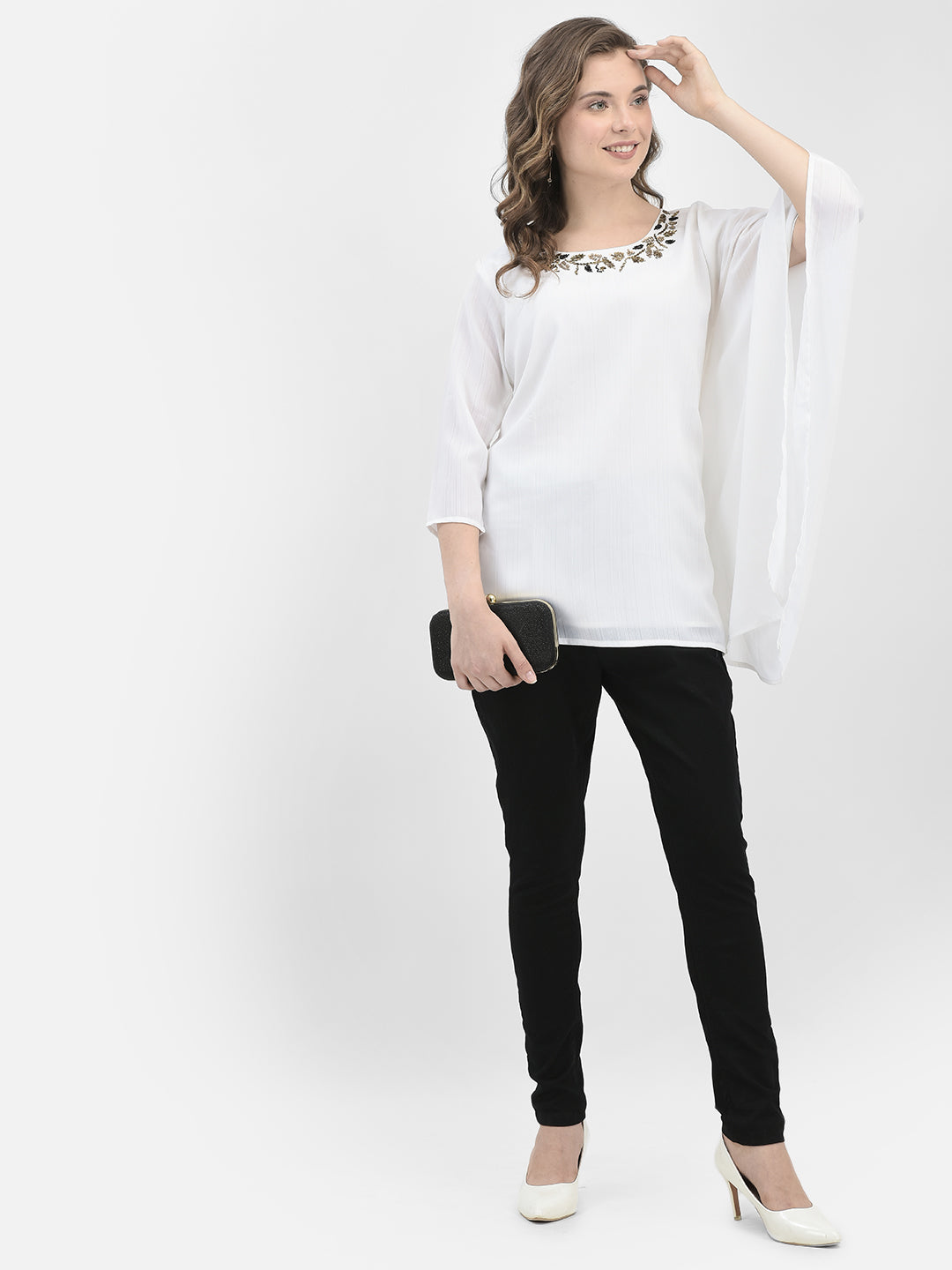 White Printed Top With Kimono Sleeves-Women Tops-Crimsoune Club