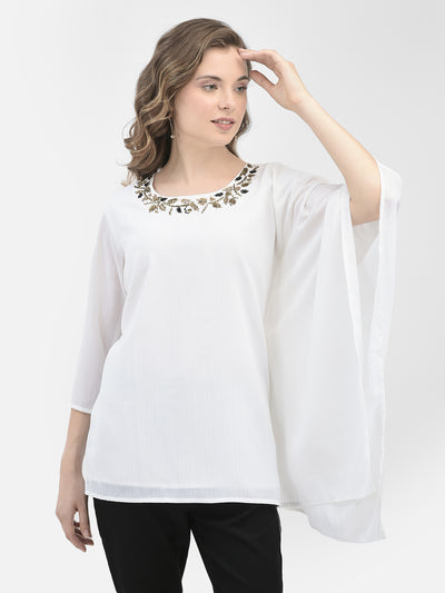 White Printed Top With Kimono Sleeves-Women Tops-Crimsoune Club