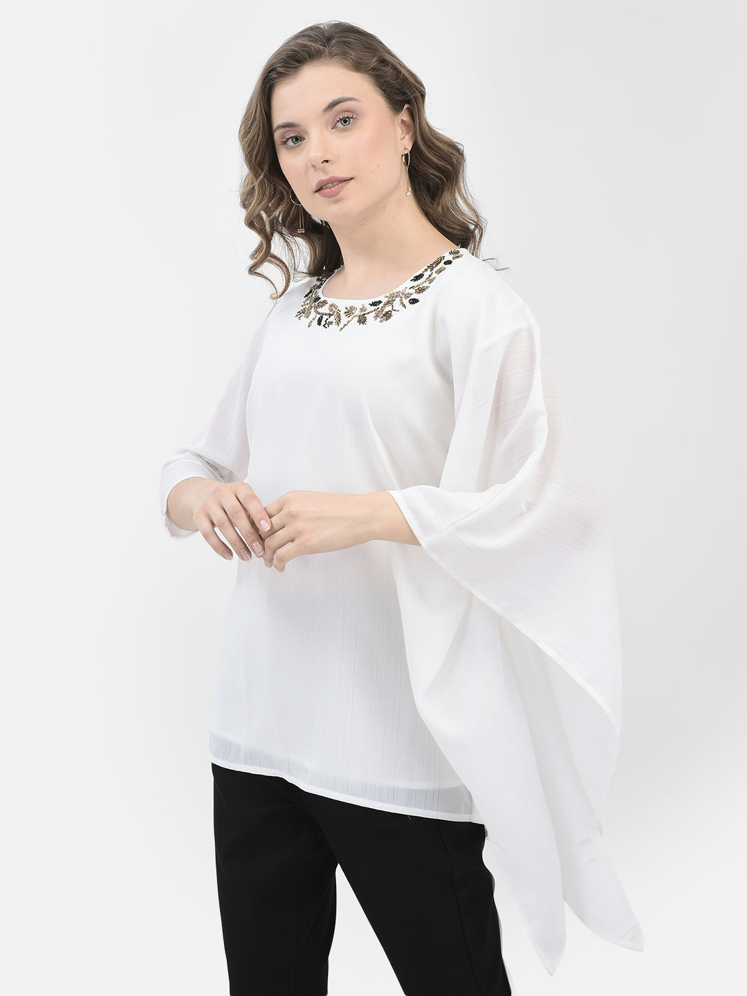 White Printed Top With Kimono Sleeves-Women Tops-Crimsoune Club