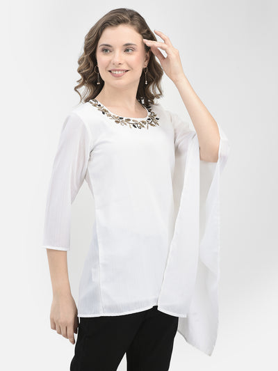 White Printed Top With Kimono Sleeves-Women Tops-Crimsoune Club