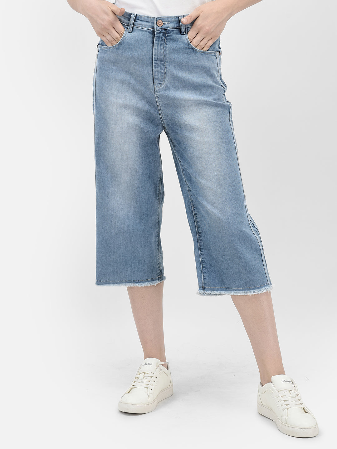 Blue Crop Length Straight Jeans-Women Jeans-Crimsoune Club