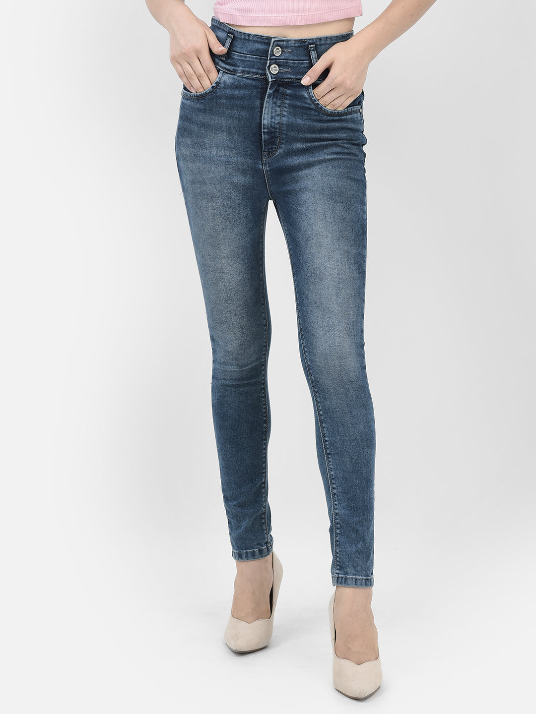 Blue High Waist Skinny Jeans-Women Jeans-Crimsoune Club