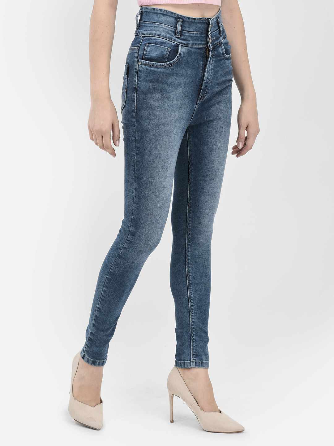 Blue High Waist Skinny Jeans-Women Jeans-Crimsoune Club