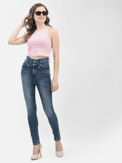 Blue High Waist Skinny Jeans-Women Jeans-Crimsoune Club