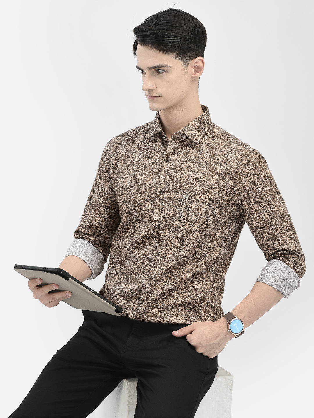 Beige Printed Shirt-Men Shirts-Crimsoune Club