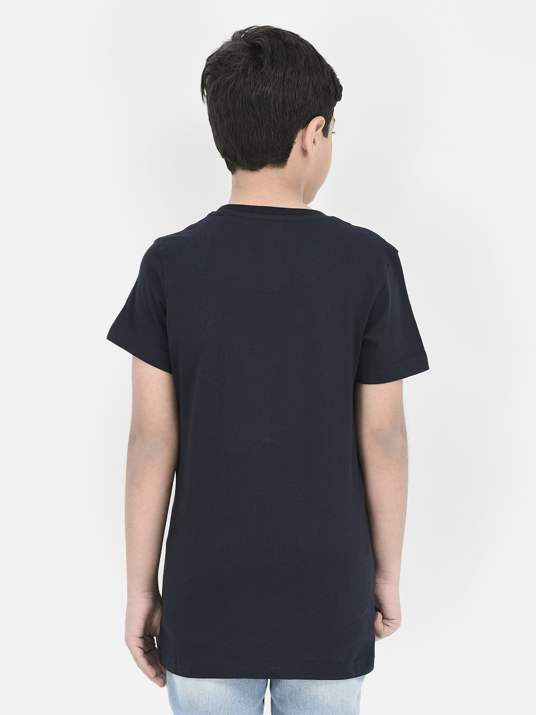 Navy Blue Printed Round Neck T-shirt-Boys T-Shirts-Crimsoune Club