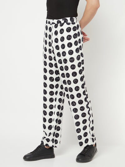White Polka Dot Printed Trouser-Men Trousers-Crimsoune Club