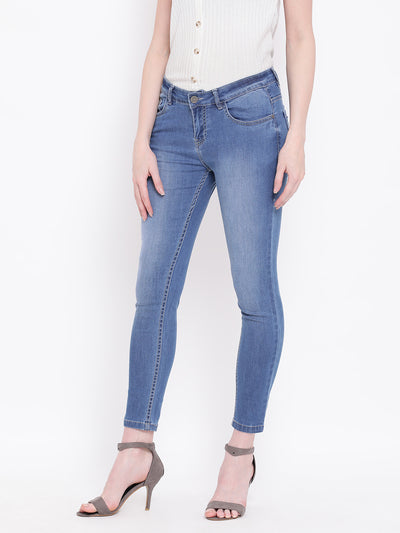 Blue Solid Denim-Women Jeans-Crimsoune Club