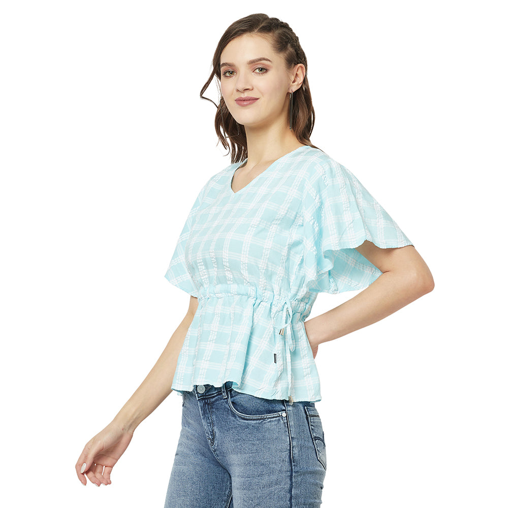 Blue Checked Empire Top-Women Tops-Crimsoune Club