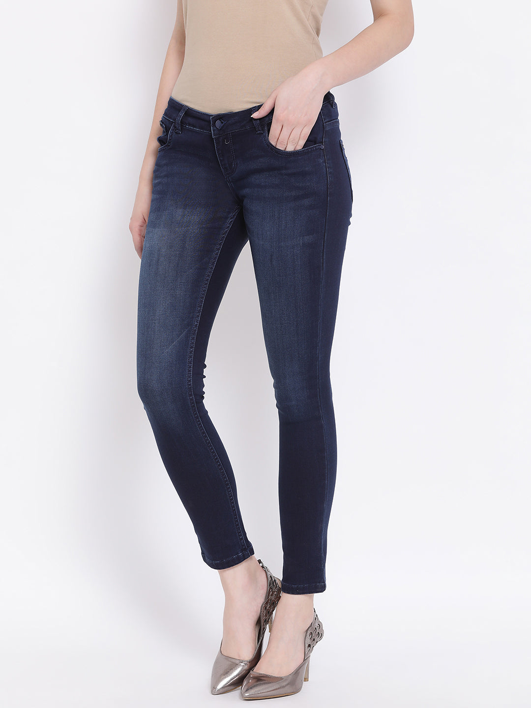 Navy Blue Solid Light Fade Jeans-Women Jeans-Crimsoune Club