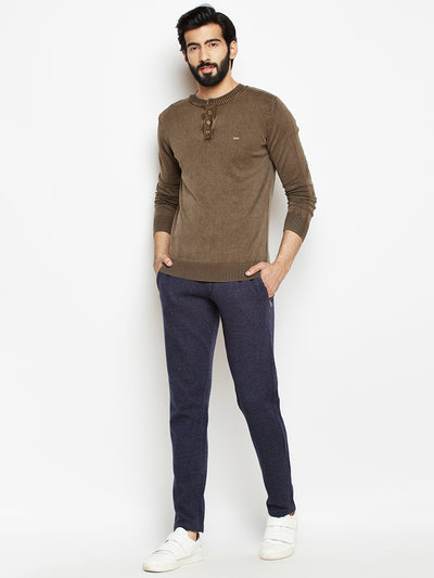 Brown Solid Round Neck Sweater-Mens Sweaters-Crimsoune Club