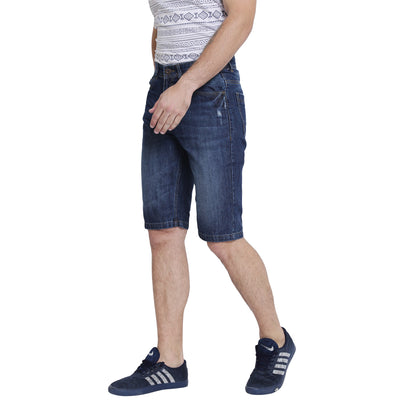 Blue Solid Light Fade Distressed Denim Shorts-Men Shorts-Crimsoune Club