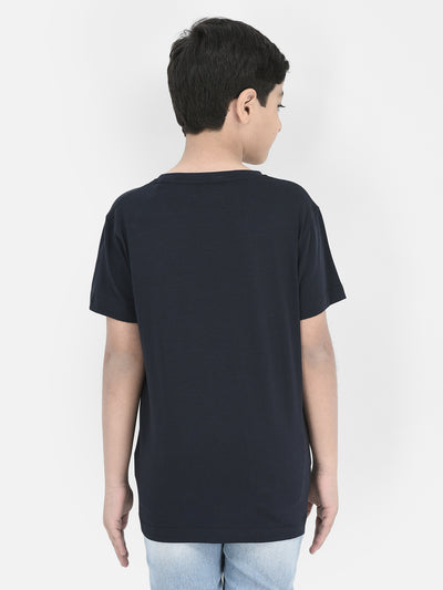 Navy Blue Printed Round Neck T-shirt-Boys T-Shirts-Crimsoune Club
