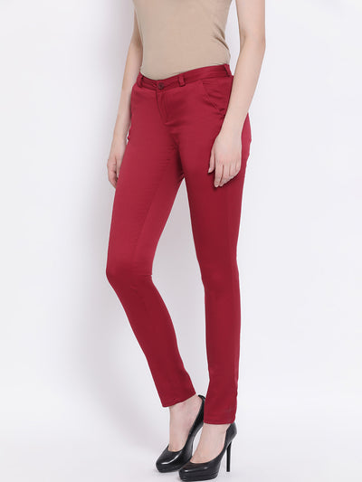 Red Solid Trouser-Women Trousers-Crimsoune Club