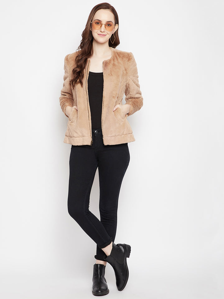 Beige Plush Zip-Front Jacket-Women Blazers-Crimsoune Club