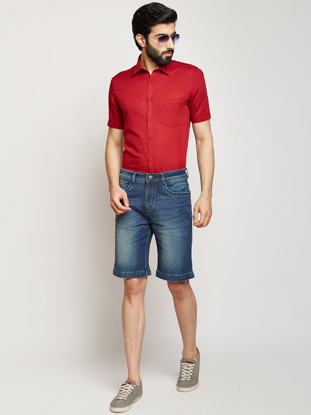 Blue Solid Denim Shorts-Men Shorts-Crimsoune Club