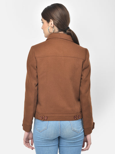 Brown Textured Short Coat-Women Blazers-Crimsoune Club