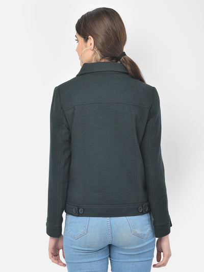 Deep Green Casual Winter Coat-Women Blazers-Crimsoune Club