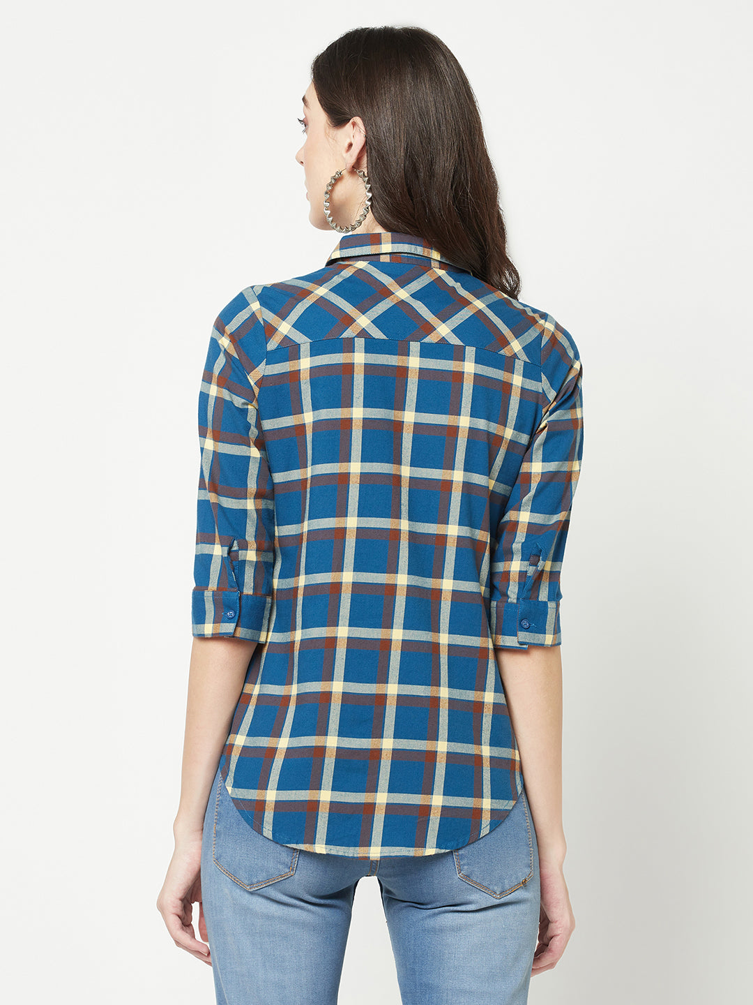 Navy Blue Checked Shirt-Women Shirts-Crimsoune Club